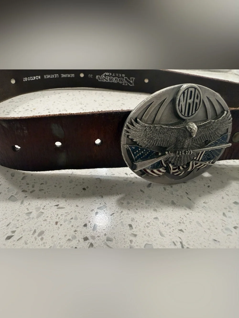 Vintage 1994 Nocona Brown Leather Belt 3D Eagle NRA Flag & Rifle Buckle 12 Gauge